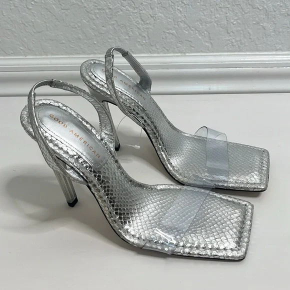 Good American Snake Lucite Silver Heels Size 9 - Picture 6 of 8